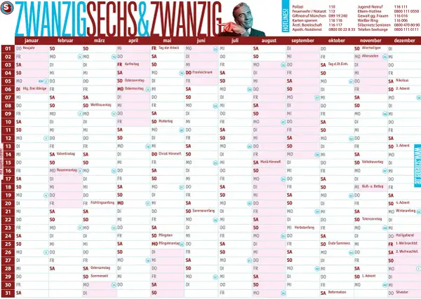 Kalender 2026 mit Monaten, Tagen und Feiertagen in Bayern.