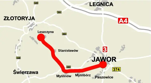 Mapa z zaznaczonym czerwonym szlakiem wygasłych wulkanów, łączącym Leszczynę z Jaworem. Widać też Legnicę i Złotoryję.