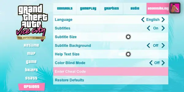 Menu opcji GTA Vice City. Wpisz kody do GTA Vice City, aby odblokować nowe możliwości.