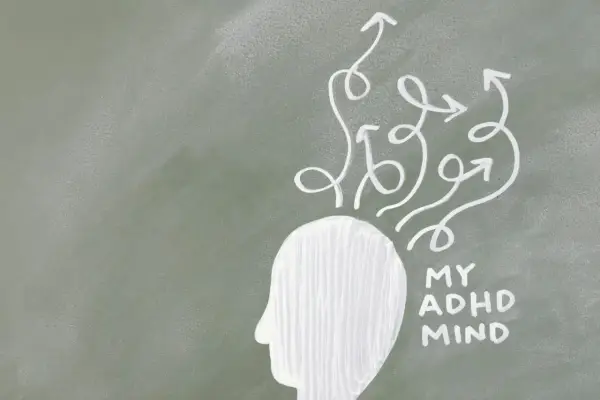 Profil de tête avec flèches chaotiques sortant, symbolisant un esprit HPI et agressivité. "My ADHD Mind" écrit.