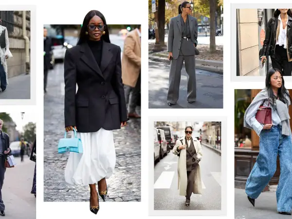 Estilos de moda con **layering**: trajes grises, blazers negros con faldas blancas, abrigos largos y chaquetas de cuero.