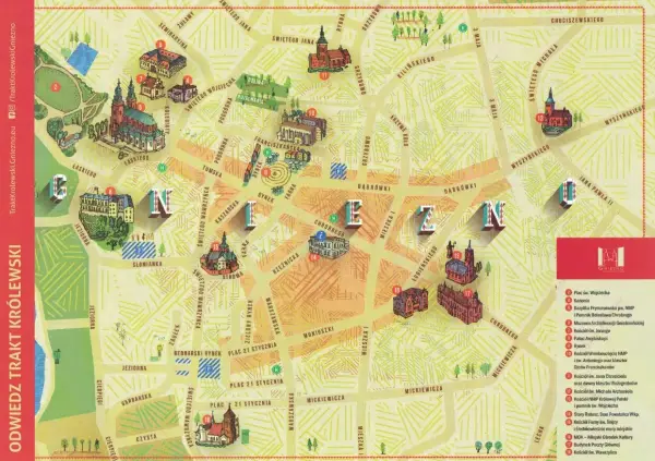 Mapa atrakcji Gniezna i okolic: Trakt Królewski z zaznaczonymi zabytkami, kościołami i muzeami.