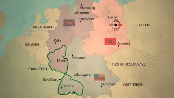 Karte zeigt die Besatzungszonen Deutschlands nach dem Zweiten Weltkrieg. Berlin ist geteilt.