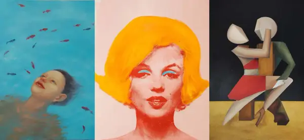 Three distinct artworks showcase figurative art: a child looking up at fish in blue water, a vibrant pop art portrait of Marilyn Monroe, and abstract dancers.