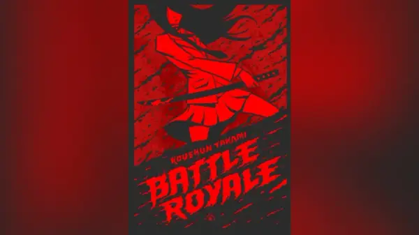 Czerwona grafika z dziewczyną w stroju szkolnym, trzymającą zakrwawiony miecz. Napis "BATTLE ROYALE" sugeruje brutalną walkę na śmierć i życie.