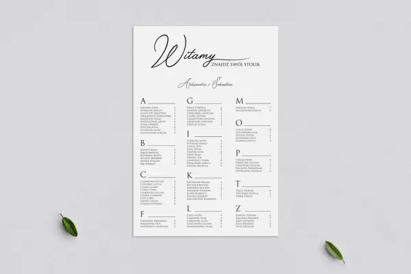 Lista gości weselnych z podziałem na stoliki. Znajdź swoje miejsce przy stoliku A, B, C, F, G, I, K, L, M, O, P, T lub Z.