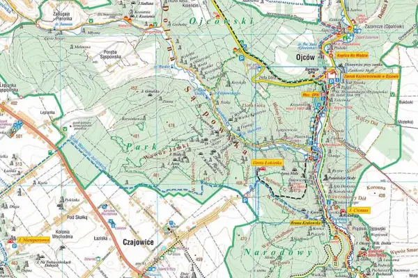 Mapa turystyczna Ojcowski Park Narodowy, gdzie zacząć? Zaznaczone szlaki, jaskinie, punkty widokowe i miejscowości.