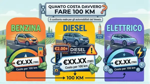 Confronto costi auto: benzina, diesel e elettrico. Quanto diesel per 100 km? L'immagine mostra i costi per 100 km di diversi tipi di auto.