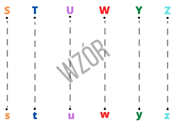 Ćwiczenia grafomotoryczne przykłady: litery S, T, U, W, Y, Z do pisania po śladzie.