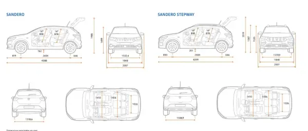 Schemat Dacia Sandero i Sandero Stepway z wymiarami. Dacia Sandero Stepway ma większy prześwit, co widać na schemacie.