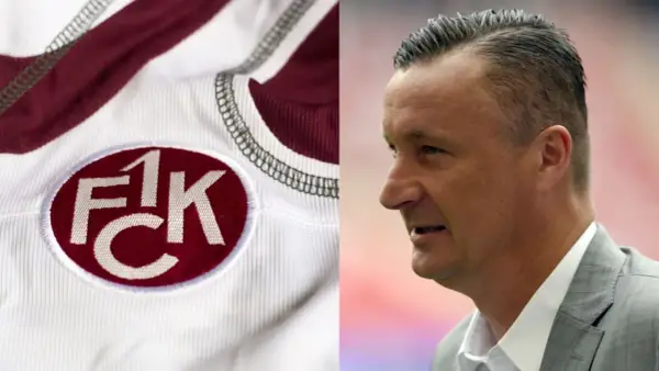 Herb 1. FC Kaiserslautern na białej koszulce obok profilu mężczyzny w szarym garniturze.