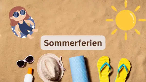 Sommerferien-Vorbereitung: Kind im Schwimmring, Sonnenbrille, Hut, Yogamatte, Flip-Flops und Sonnencreme. Welches Bundesland hat als erstes Sommerferien?