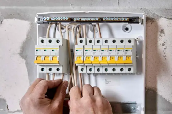 Ręce elektryka podłączają przewody do skrzynki z bezpiecznikami. To właśnie wlz co to za instalacja?