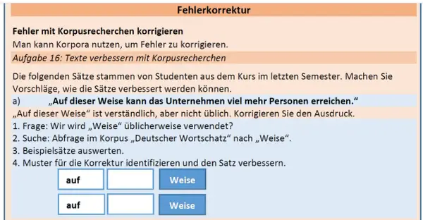 Aufgabe zur Fehlerkorrektur: Studenten sollen mit Korpusrecherchen die Wortbildung verbessern und Sätze korrigieren.