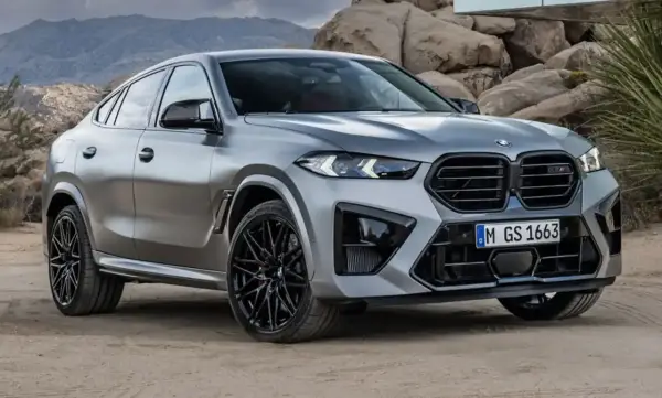 Srebrne x6 BMW z czarnymi felgami na tle skalistego krajobrazu.