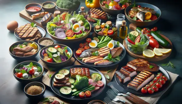 Obfitość dań bez węglowodanów: grillowane ryby, mięso, jajka, świeże warzywa i sałatki.