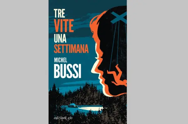 Copertina del libro "Tre vite una settimana" di Michel Bussi. Una silhouette di profilo domina la scena, con figure umane appese come marionette.
