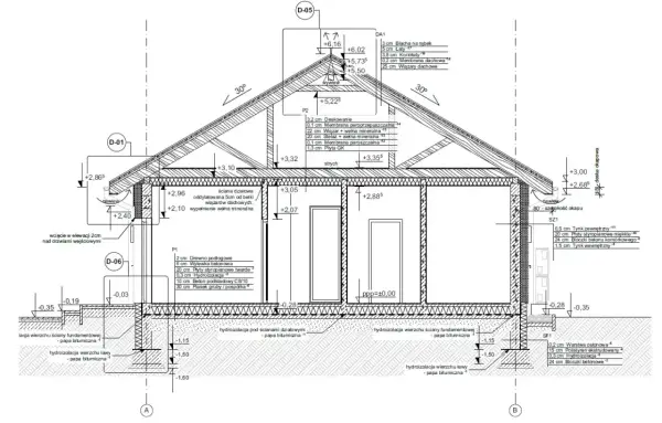 Przekrój poprzeczny budynku z detalami izolacji i konstrukcji. Projekt architektoniczno budowlany przedstawia warstwy ścian, dachu i fundamentów.