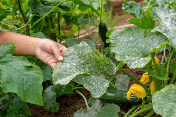 Main d'un jardinier examinant une feuille de courgette atteinte de mildiou. Des taches blanches poudreuses recouvrent la surface.