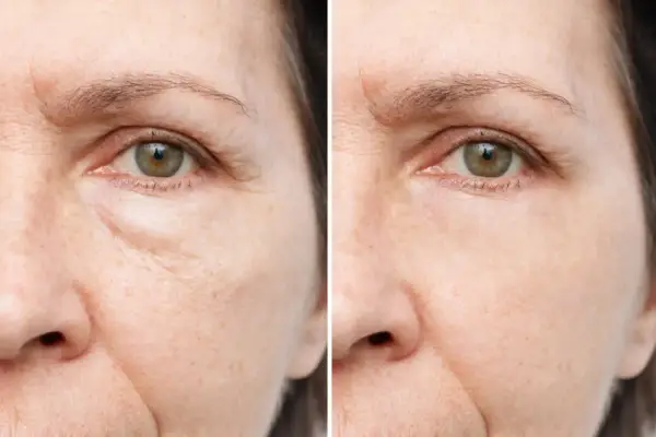 Comparación de ojos: antes y después de aplicar un método para como drenar las bolsas de los ojos. Se observa una piel más lisa y firme.
