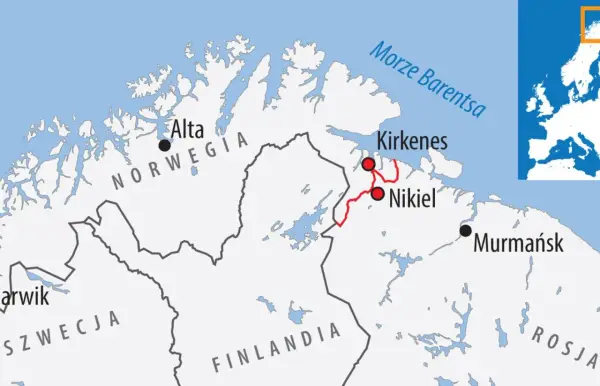 Mapa pokazuje, z kim graniczy Norwegia: Szwecja, Finlandia i Rosja. Widać też Morze Barentsa.