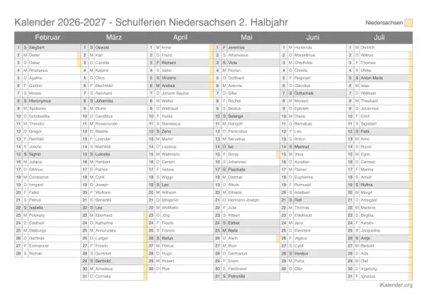 Kalender 2026-2027 mit Monaten und Namen, Schulferien Niedersachsen.
