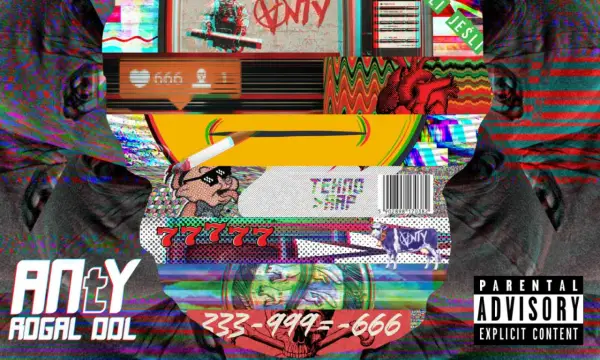 Rogal DDL wiek. Glitch art z twarzami, cyframi 666, symbolem anty, krową i napisem "ANTY".
