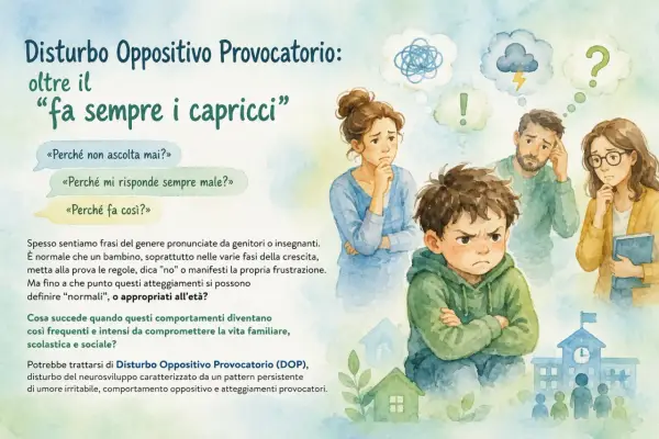 Un bambino con espressione arrabbiata, forse un neonato iperattivo, circondato da genitori preoccupati e pensieri confusi.