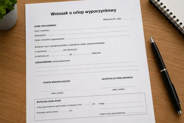 Wniosek o urlop wypoczynkowy. Dokument zawiera pola do wypełnienia przez pracownika, przełożonego i dział kadr, dotyczące planowanego urlopu.