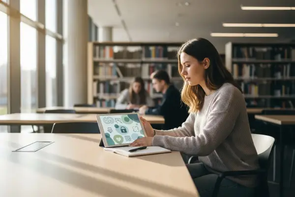 Dziewczyna w bibliotece szuka inspiracji na ciekawe kierunki studiów dla niezdecydowanych, przeglądając tablet z ikonami symbolizującymi różne dziedziny.