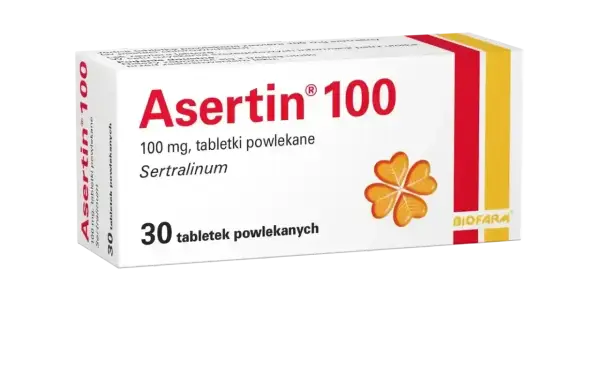 Opakowanie leku Asertin 100 mg, zawierające 30 tabletek powlekanych z sertraliną.