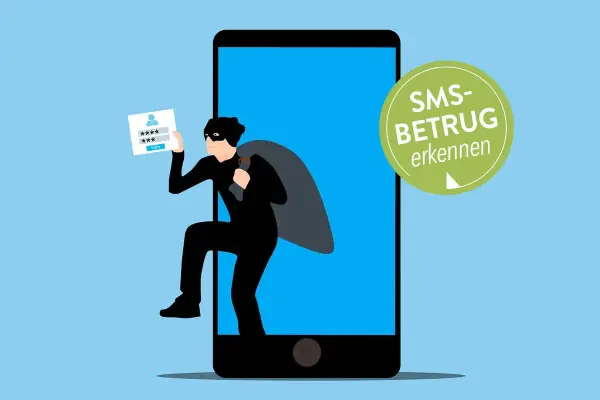 Ein Dieb klettert aus einem Smartphone, das eine Login-Seite zeigt. Vorsicht vor SMS-Betrug!