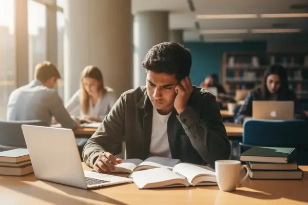 Zrezygnowany student pochyla się nad książkami, przygotowując się do nieudanego egzaminu poprawkowego na studiach.
