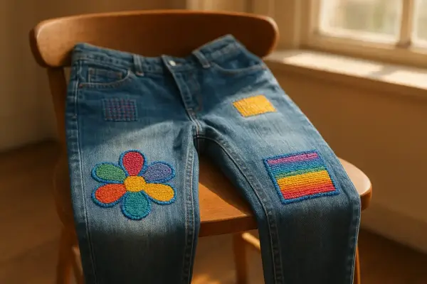 Jeans con applicazioni colorate: un fiore, un arcobaleno e quadrati decorativi, realizzati con il punto rammendo.