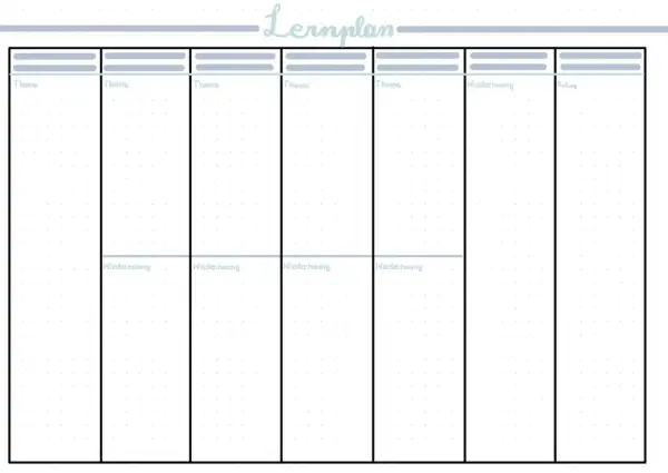 Leeres Raster zum Erstellen eines Lernplans mit Feldern für Themen, Wiederholungen und Prüfungen.