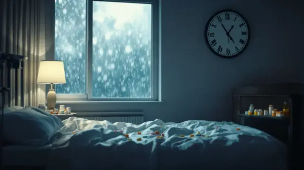 Pokój szpitalny, okno z padającym śniegiem, łóżko z lekami. Zegar wskazuje późną noc. Ile trwa pobyt w szpitalu psychiatrycznym depresja?