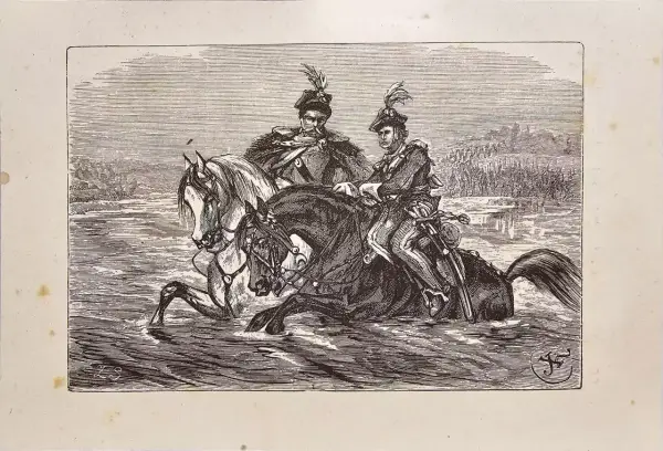 Dwaj jeźdźcy w strojach historycznych na koniach przeprawiają się przez wodę.