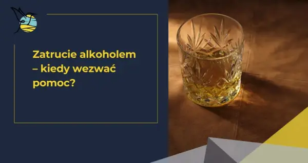 Zatrucie alkoholem może prowadzić do zgonu. Kiedy wezwać pomoc? Szklanka alkoholu na brązowym tle.