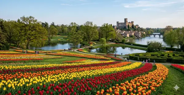 Un tripudio di tulipani colorati, un lago e un castello sullo sfondo: la primavera in Italia è uno spettacolo.
