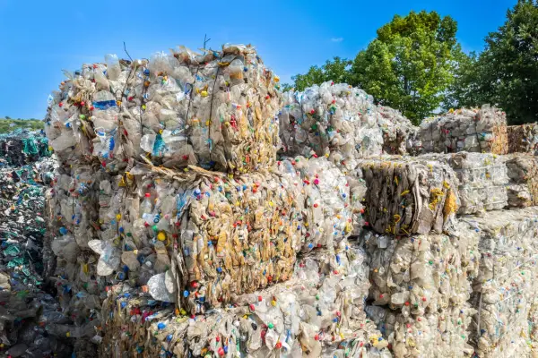 Ogromne bele sprasowanych plastikowych butelek tworzą krajobraz wysypiska śmieci. Kolorowe nakrętki dodają im niepokojącego uroku.