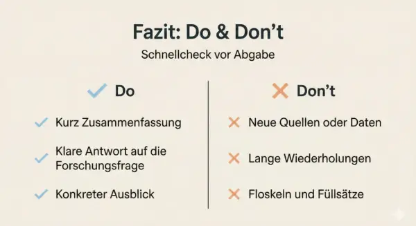 Der **Erzähler** zeigt eine Checkliste mit Do's und Don'ts für eine Abgabe: Kurzfassung, klare Antwort, Ausblick sind gut. Neue Quellen, Wiederholungen, Füllsätze sind schlecht.