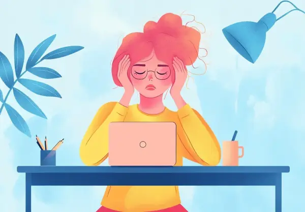 Ragazza con capelli rosa e occhiali, mani sulle tempie, davanti a un laptop. Sembra esausta, uno dei tanti sintomi di lavorare troppo.