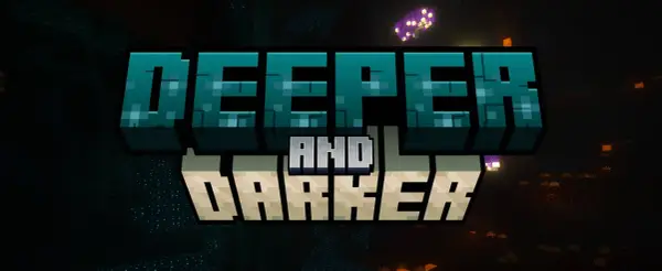 Napis "DEEPER AND DARKER" w stylu Minecraft, otoczony mrocznym, podziemnym krajobrazem z świecącymi grzybami.