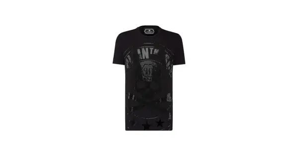 Czarna Philipp Plein koszulka z czaszką i cekinami, ozdobiona gwiazdami.