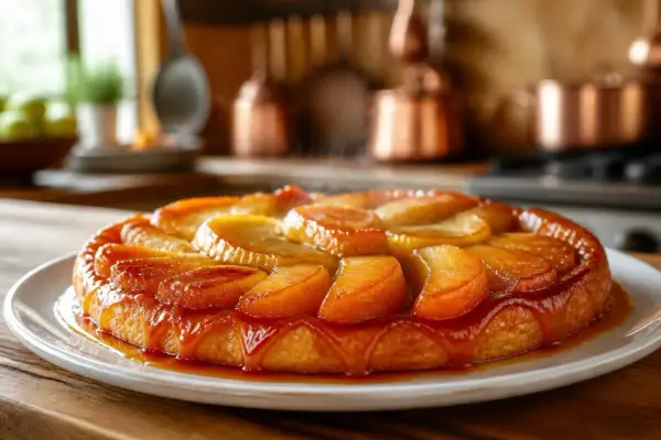 Tarte Tatin aux pommes, dorée et brillante, baignant dans un caramel onctueux. Un délice gourmand prêt à être dégusté.