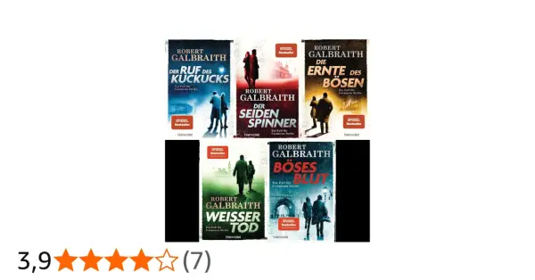 Die Galbraith Reihenfolge: "Der Ruf des Kuckucks", "Der Seidenspinner", "Die Ernte des Bösen", "Böses Blut" und "Weißer Tod" sind als Buchcover zu sehen.