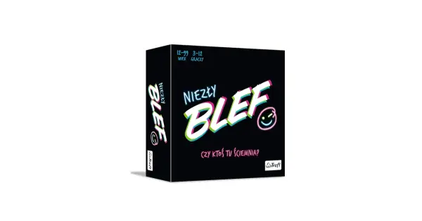 Pudełko gry karcianej "Niezły Blef". Czy ktoś tu ściemnia? Wiek graczy 3-12.