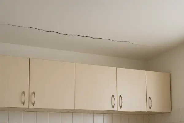Pęknięcie na suficie nad szafkami kuchennymi.