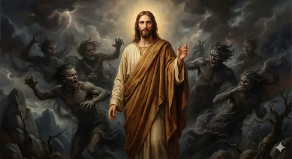 Jezus w otoczeniu demonów, które przypominają faryzeuszy, symbolizując walkę dobra ze złem.