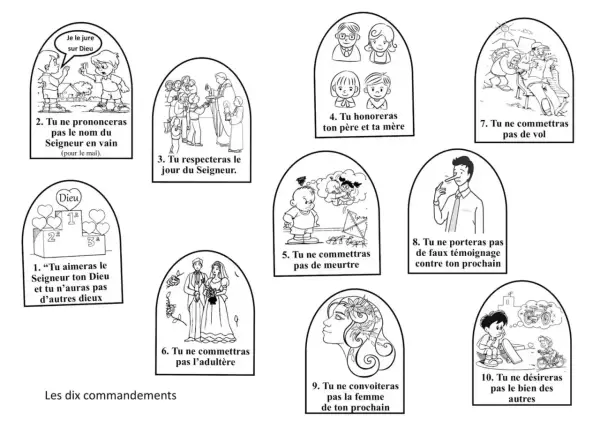 Ilustracje przedstawiające dziesięć przykazań w formie rysunków.